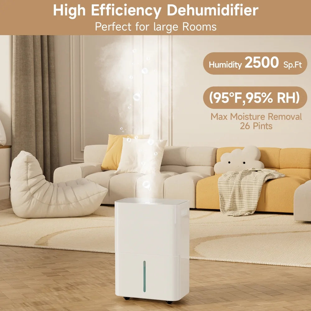 Dehumidifiers for Home, 2500 Sq.Ft with Drain Hose Max 26 Pints, Dehumidifier for Basement, Bathroom, Bedroom, Three Modes, Intelligent Humidity Control, Dry Clothes, 24HR Timer