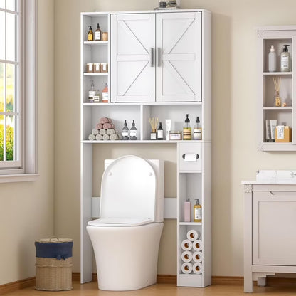 Frmobepts Over The Toilet Storage Cabinet with Toilet Paper Holder Stand, Above Toilet Organizer with Doors, Behind Toilet Shelf for Restroom, Bathroom, Laundry, White