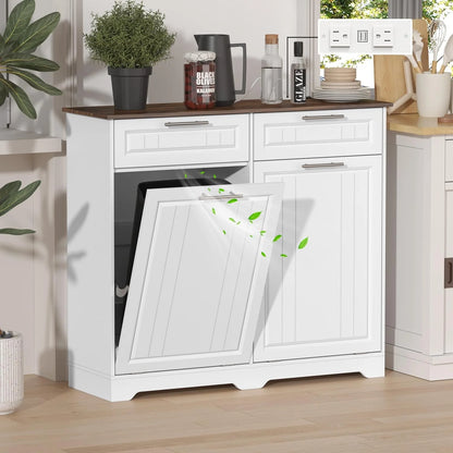 Single 10 Gallon Tilt Out Trash Can Cabinet with Deodorizing Function, Wooden Hidden Garbage Can Holder with Storage Drawers for Kitchen and Dining Room, Laundry Hamper Cabinet for Bathroom, Blue