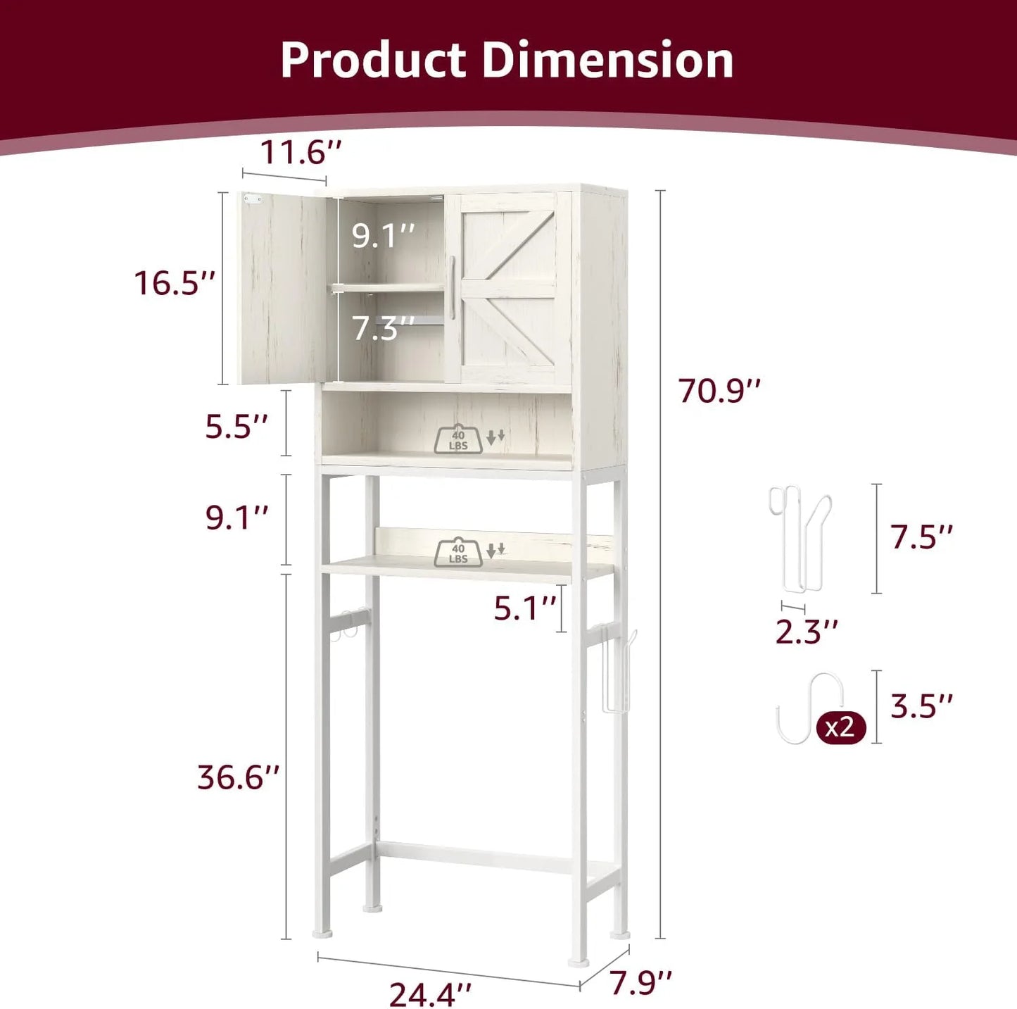 Over The Toilet Storage Cabinet - Farmhouse Bathroom Shelves with Doors Freestanding Organizer Narrow Floor Stand Shelf Above Toilet 71" Tall, Distressed White
