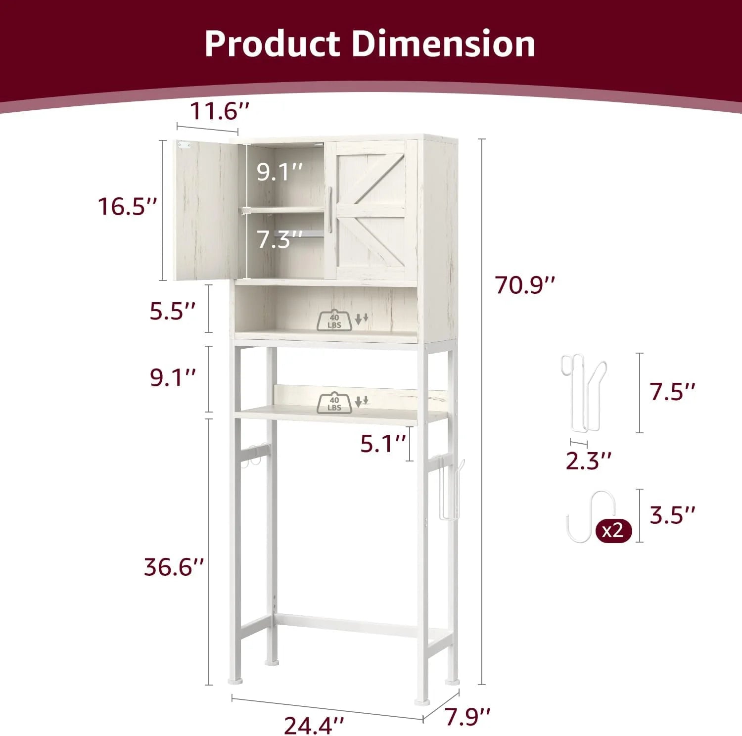 Over The Toilet Storage Cabinet - Farmhouse Bathroom Shelves with Doors Freestanding Organizer Narrow Floor Stand Shelf Above Toilet 71" Tall, Distressed White