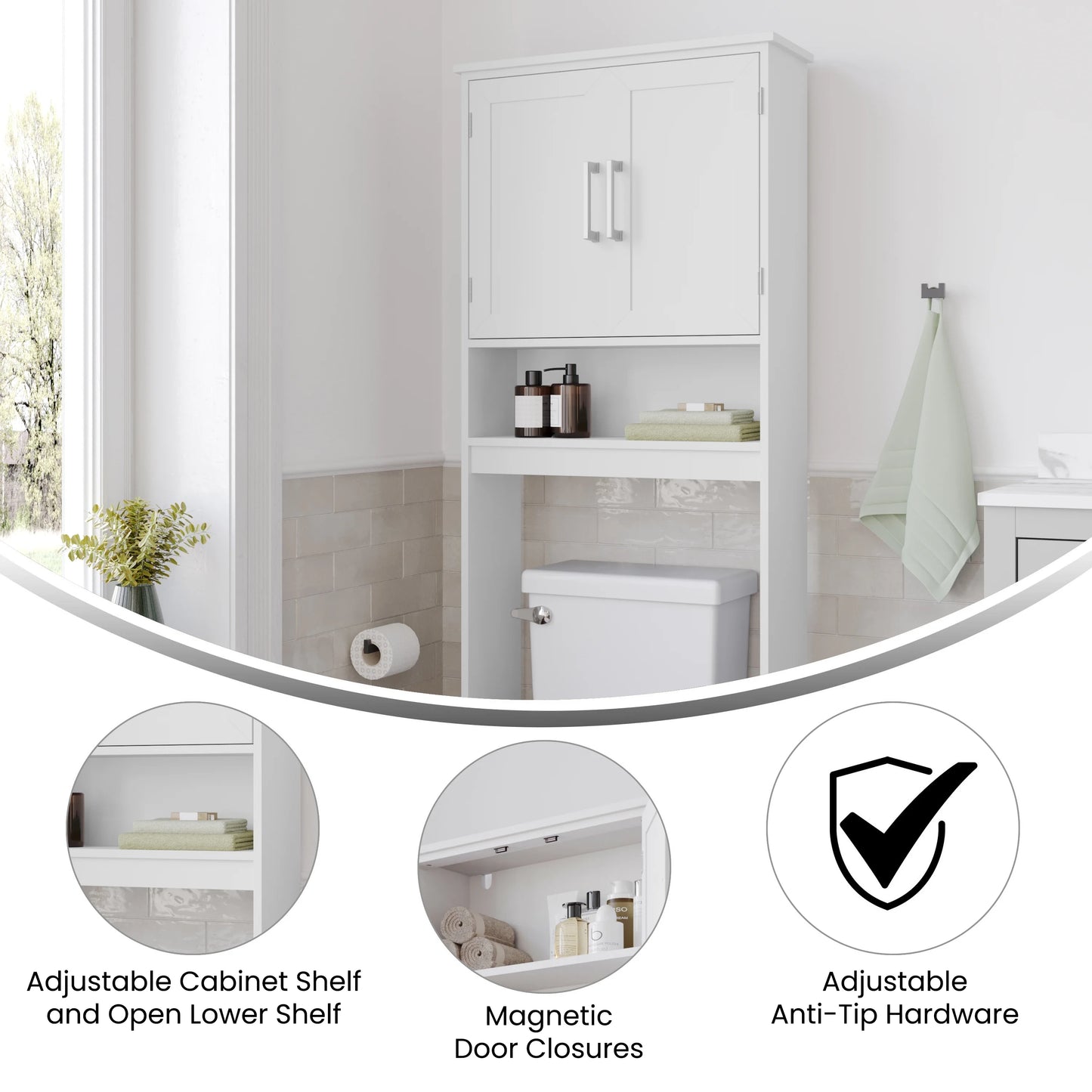 Emma + Oliver Over the Toilet Cabinet Storage Bathroom Organizer with In-Cabinet Adjustable Shelf, Open Lower Shelf, and Dual Magnetic Closure Doors in White