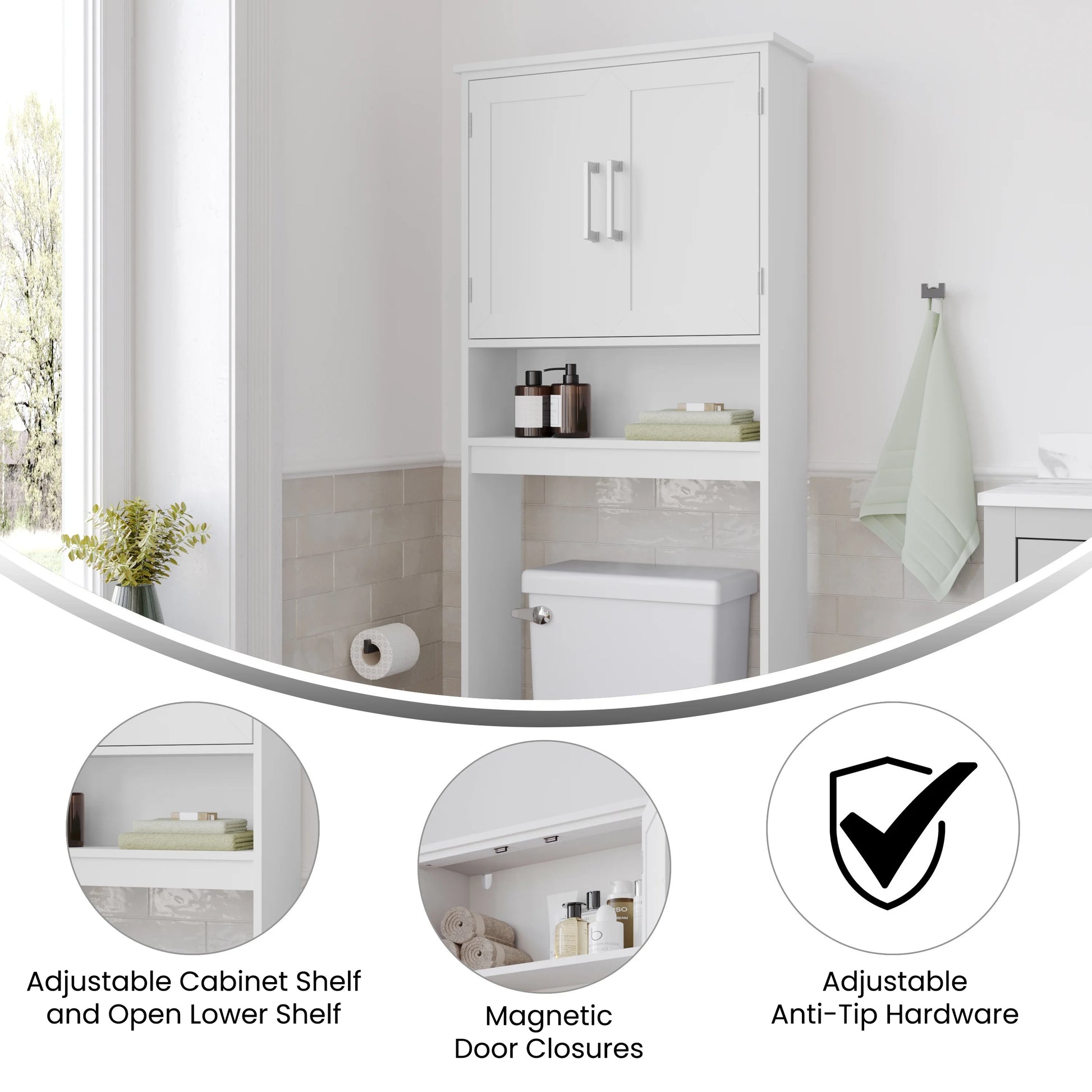 Emma + Oliver Over the Toilet Cabinet Storage Bathroom Organizer with In-Cabinet Adjustable Shelf, Open Lower Shelf, and Dual Magnetic Closure Doors in White