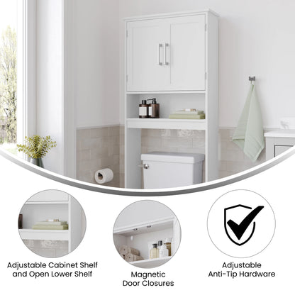 Emma + Oliver Over the Toilet Cabinet Storage Bathroom Organizer with In-Cabinet Adjustable Shelf, Open Lower Shelf, and Dual Magnetic Closure Doors in White