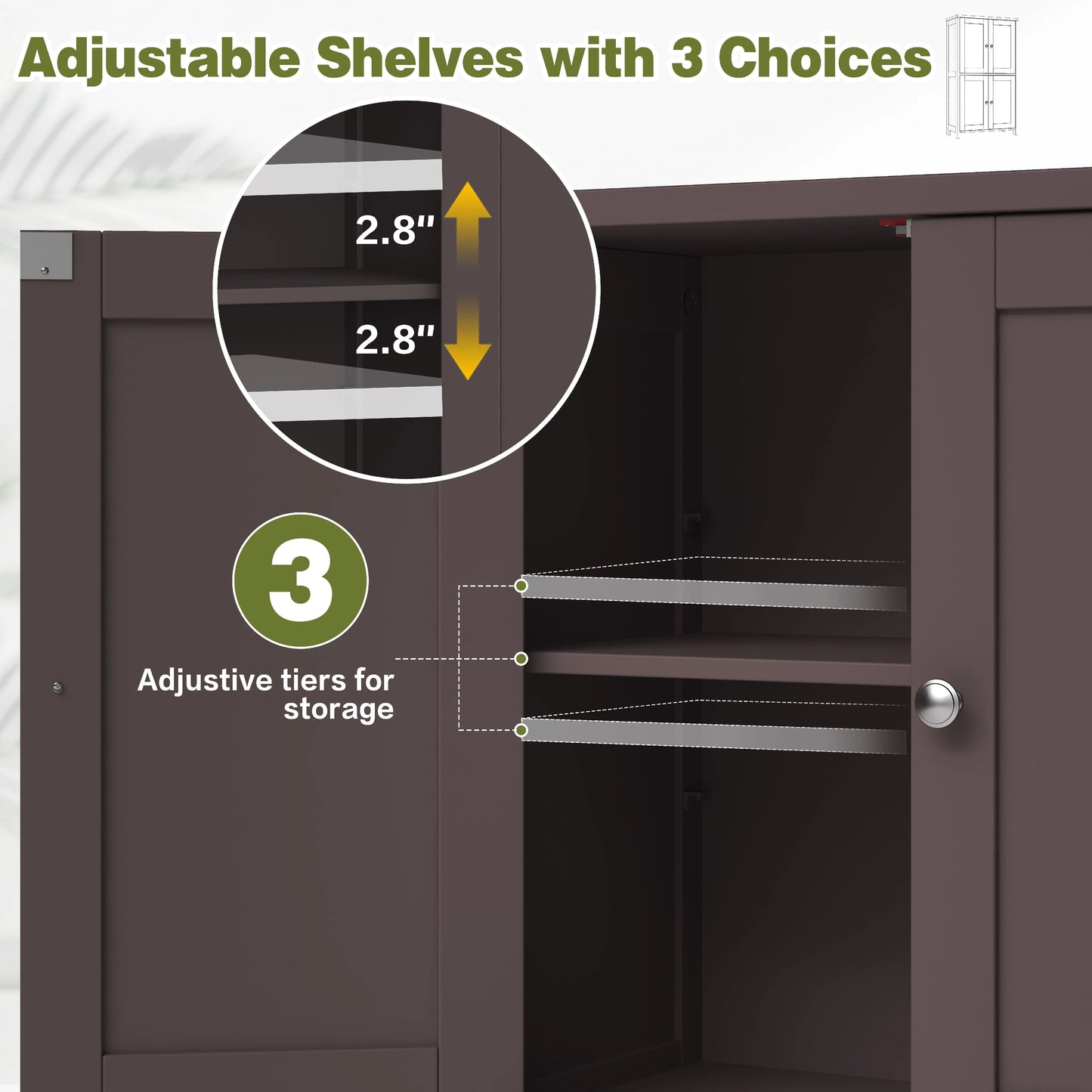 Bathroom Storage Floor Cabinet Organizer with Adjustable Shelf 4 Magnetic Doors 43" Wooden Pantry Cabinet Freestanding for Kitchen Living Room Small Spaces,Brown