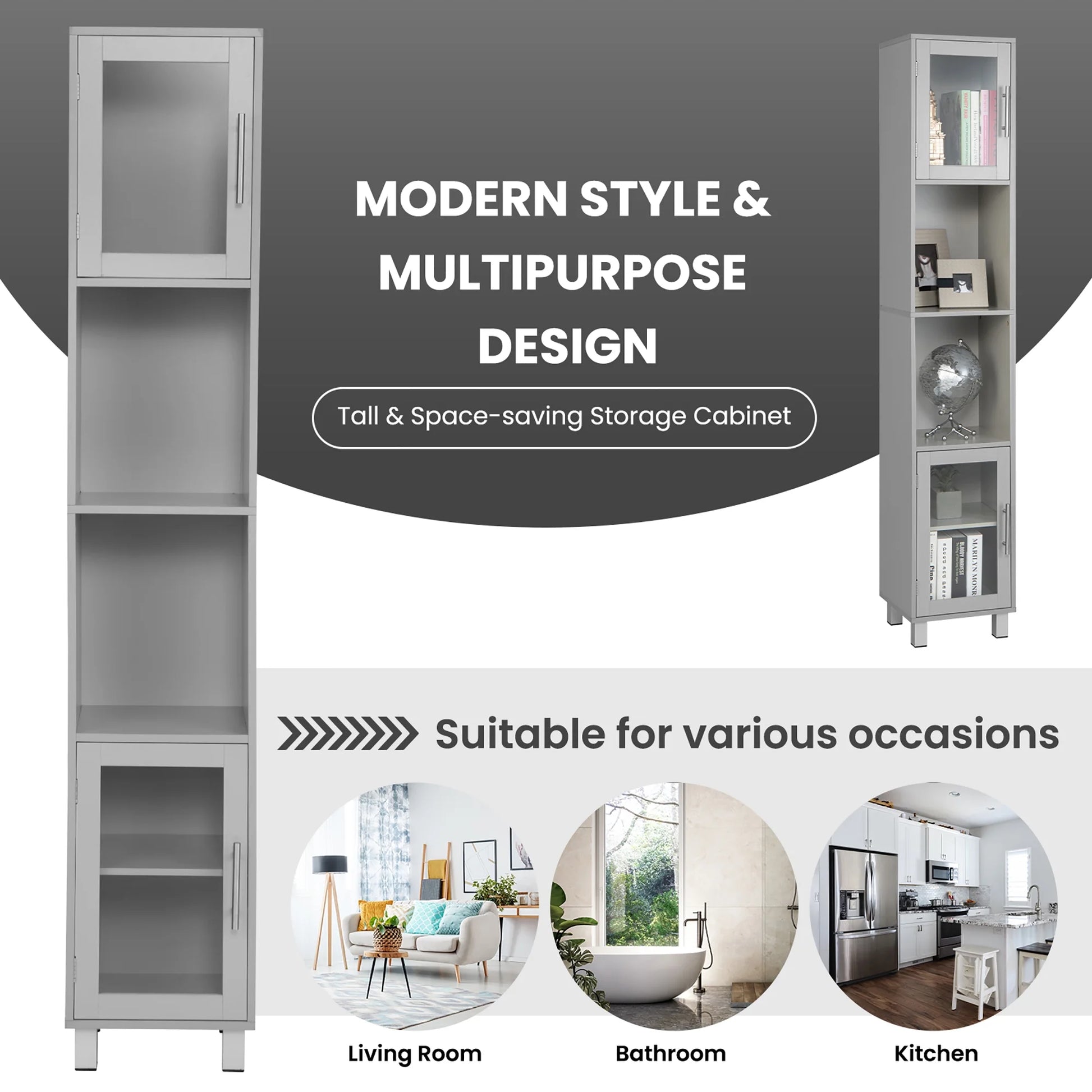 Costway 71'' Tall Tower Bathroom Storage Cabinet Organizer Display Shelves Bedroom Grey