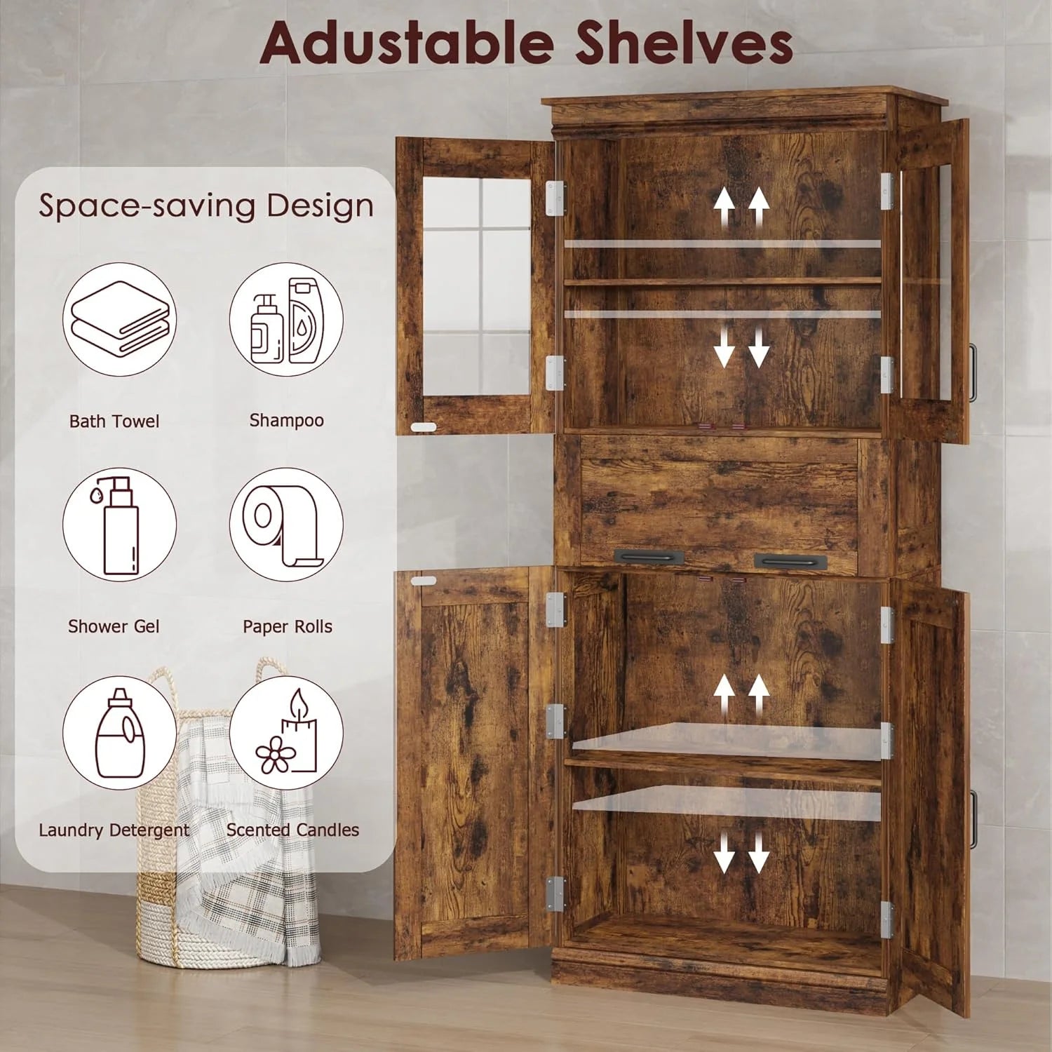Roromall Bathroom Cabinet, Tall Storage Cabinet with Doors Adjustable Shelf, Freestanding Floor Pantry Cabinet for Kitchen, Living Room, Laundry Room, Home Office