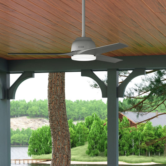 Hunter - Gallegos Indoor/Outdoor Ceiling Fan With Light, Wall Control, 52-inch, Matte Silver, Modern-style, 3-speed WhisperWind Motor, 51586, for Porches, Bathrooms