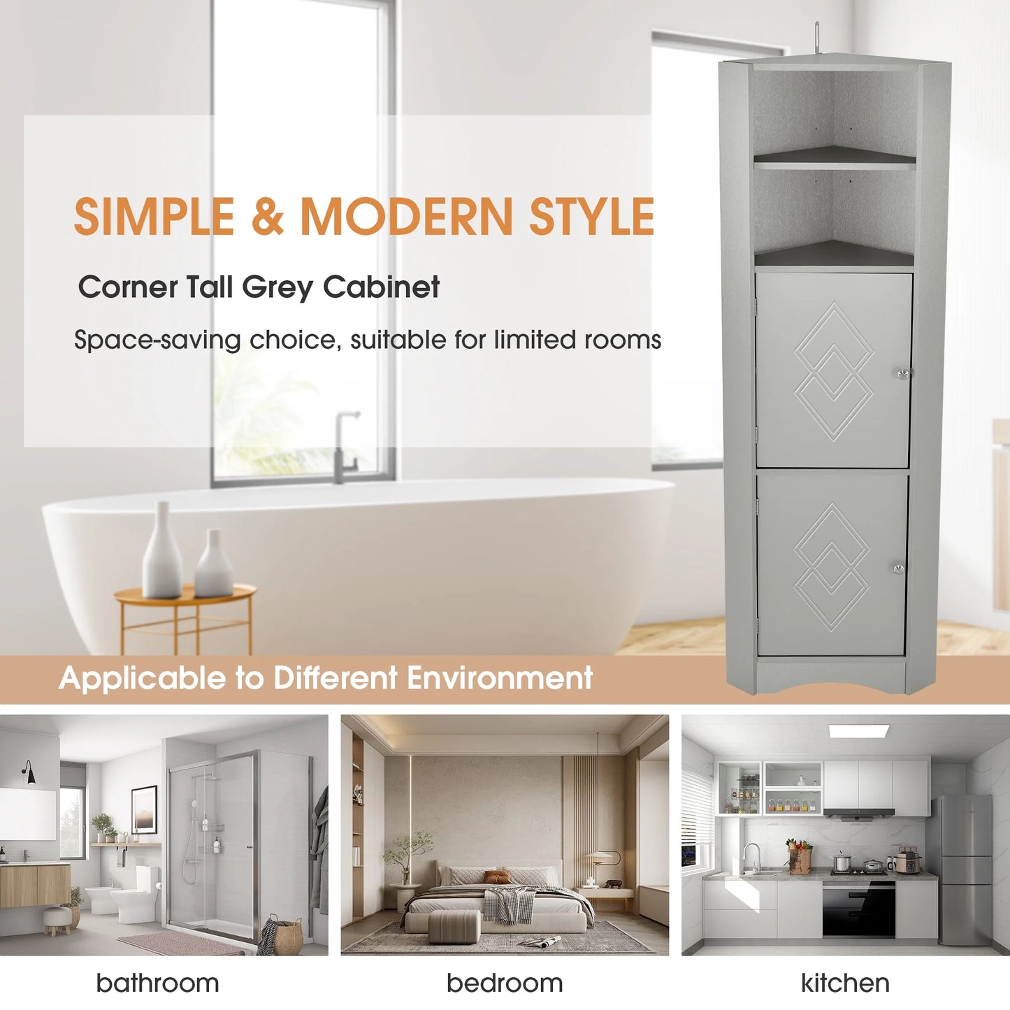Harper & Bright Designs Bathroom Corner Cabinet Tall Bathroom Storage Floor Cabinet Freestanding Storage Cabinet with Doors and Adjustable Shelves, Gray