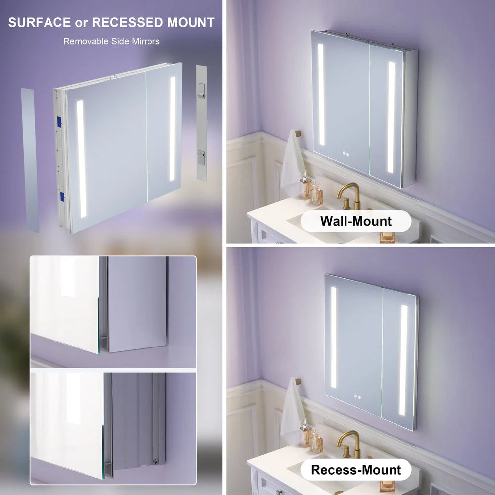 Forclover 30"x30" LED Mirror Medicine Cabinet for Bathroom with Defogger, Dimmer, Lights, Recessed or Surface Mount, Bathroom Cabinet with 3-tier Storage Shelves, Smart Touch, Anodized Aluminum