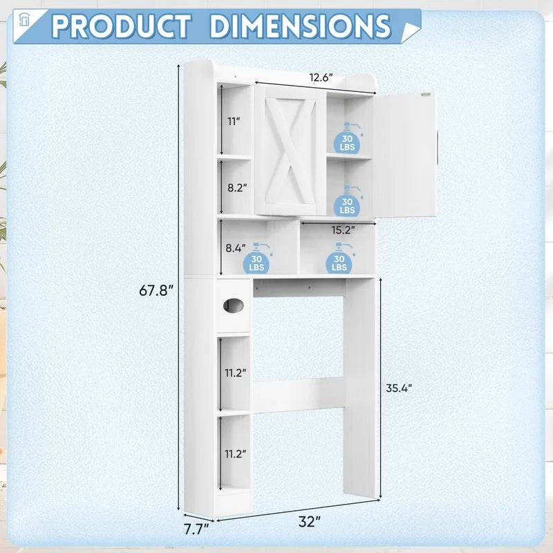 Furmax Farmhouse Style Over The Toilet Storage Cabinet with Barn Doors, Space Saver with Toilet Paper Holder for Bathroom and Restroom, White