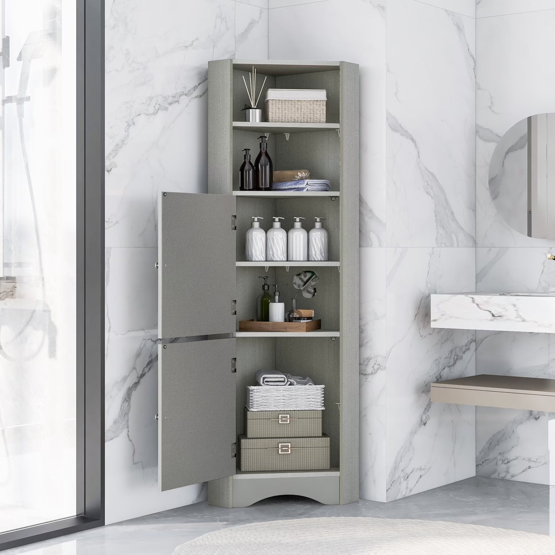 Harper & Bright Designs Bathroom Corner Cabinet Tall Bathroom Storage Floor Cabinet Freestanding Storage Cabinet with Doors and Adjustable Shelves, Gray