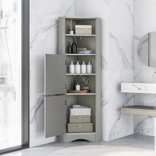 Harper & Bright Designs Bathroom Corner Cabinet Tall Bathroom Storage Floor Cabinet Freestanding Storage Cabinet with Doors and Adjustable Shelves, Gray