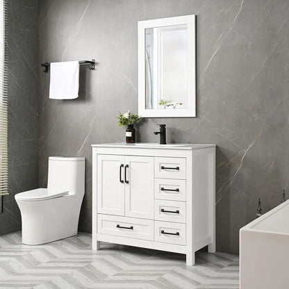 Eclife 36" White Bathroom Vanity Set with Ceramic Sink Top and Water Saving Faucet Drain
