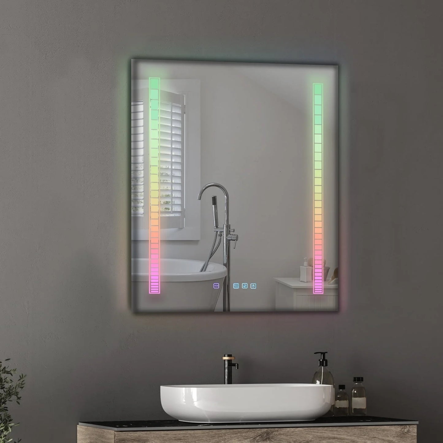 Ktaxon RGB LED Bathroom Mirror, Wall-Mounted Vanity Mirror with Lights, Wall Mirror Hanging Mirror with Anti-Fog Dimmable, Power-Off Memory, 36"x28" Silver
