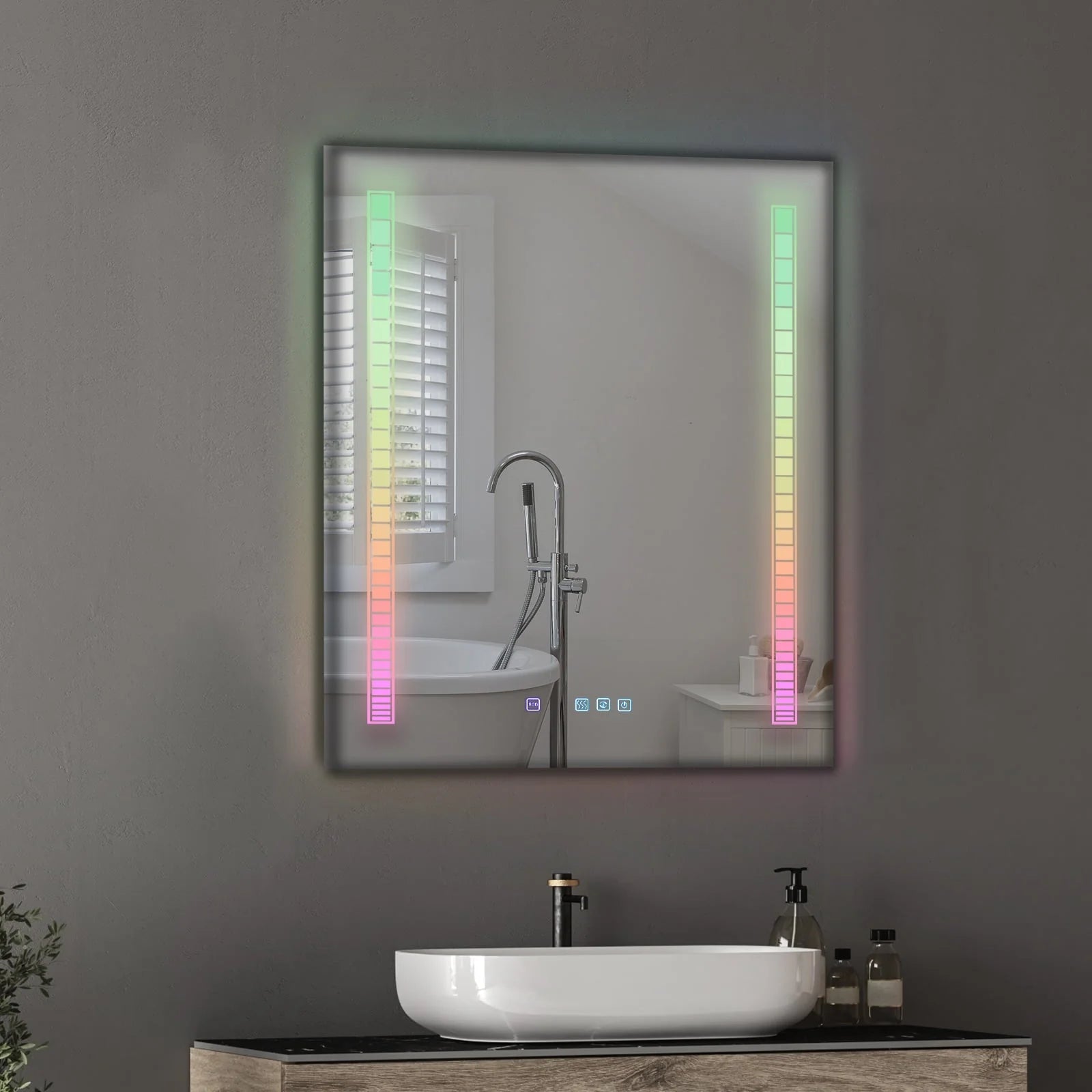 Ktaxon RGB LED Bathroom Mirror, Wall-Mounted Vanity Mirror with Lights, Wall Mirror Hanging Mirror with Anti-Fog Dimmable, Power-Off Memory, 36"x28" Silver
