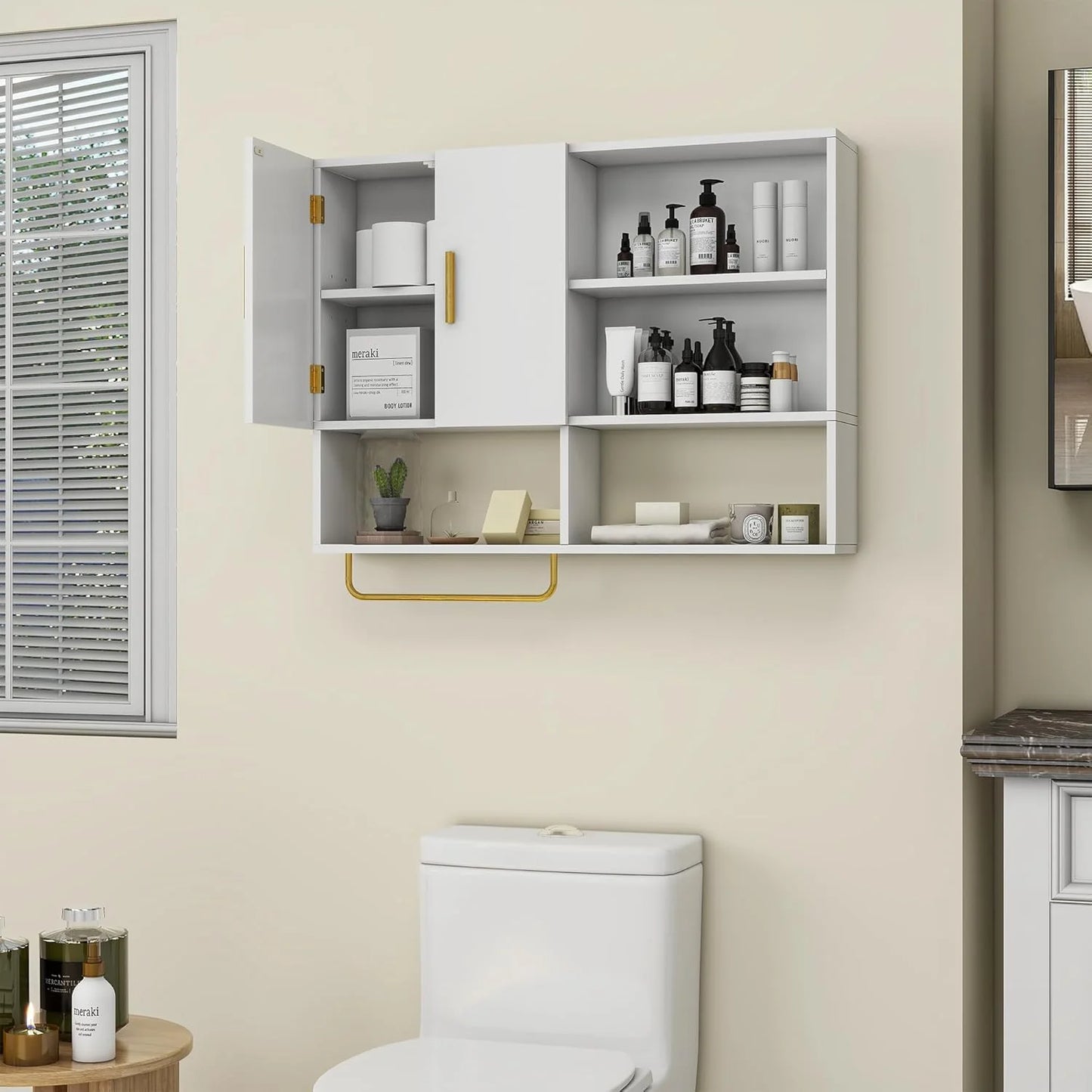 Bathroom Wall Cabinet Solid Wood Large Wall Mounted Medicine Cabinet with 2 Doors and 4 Open Shelves Over Toilet Storage Cabinet with Towel Bar (White)