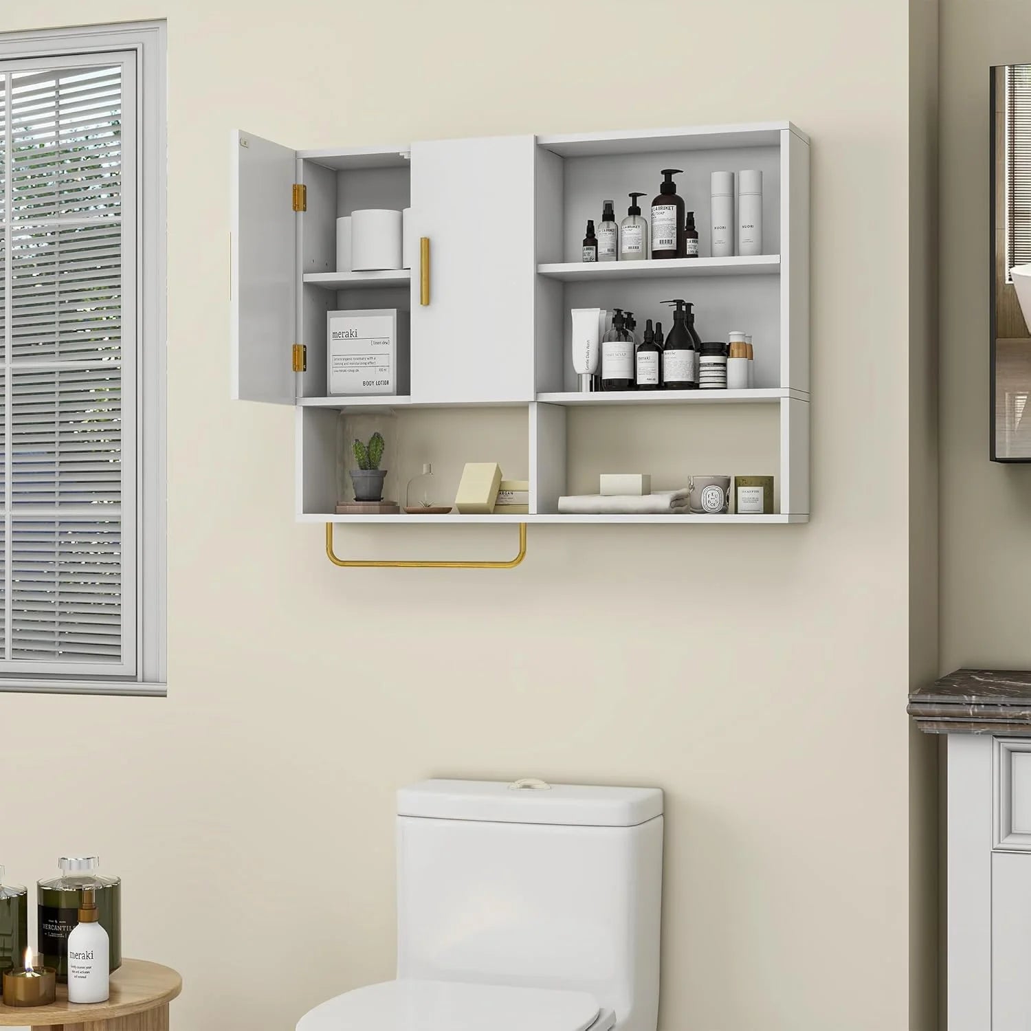 Bathroom Wall Cabinet Solid Wood Large Wall Mounted Medicine Cabinet with 2 Doors and 4 Open Shelves Over Toilet Storage Cabinet with Towel Bar (White)