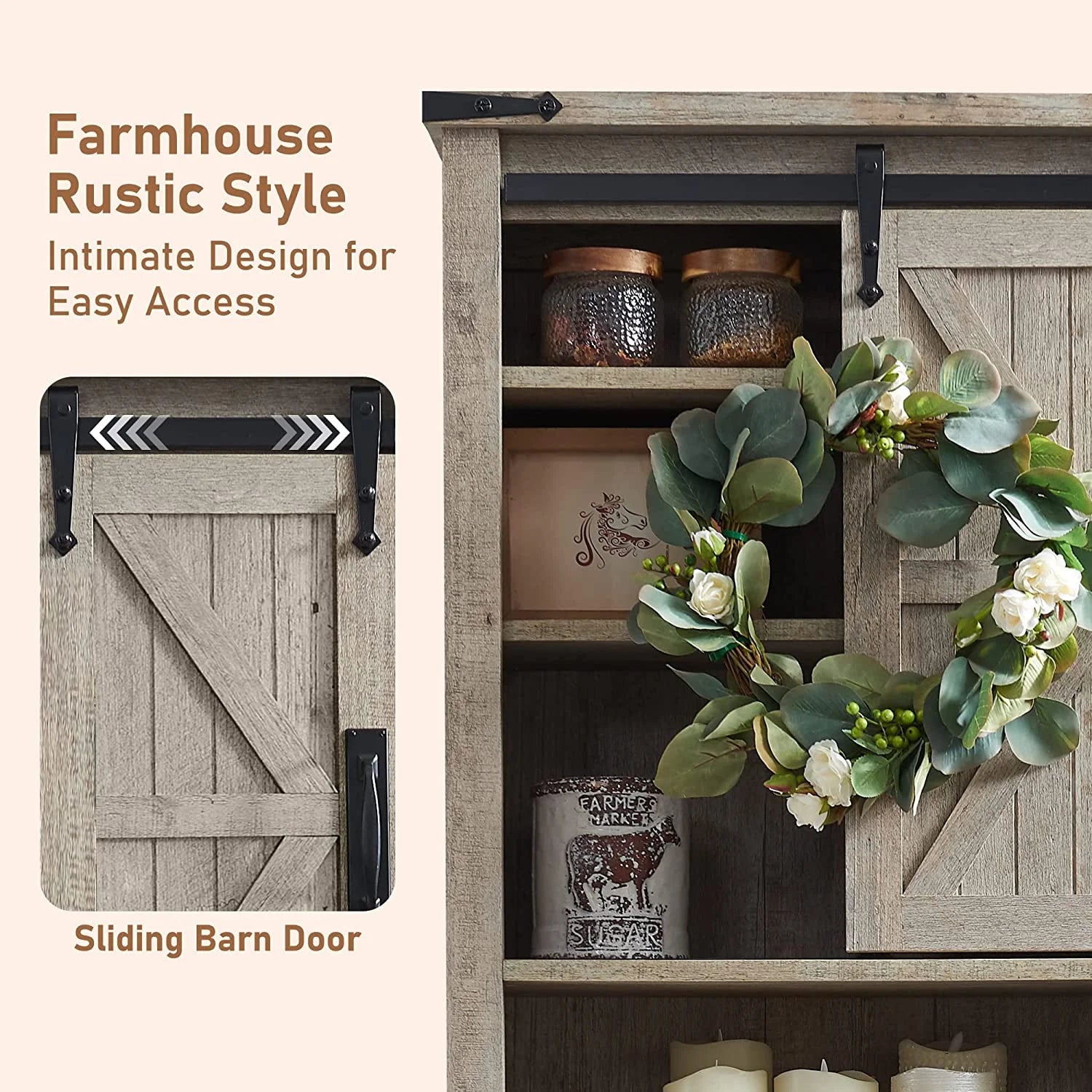 OKD 68In Farmhouse Over The Toilet Storage Cabinet with Sliding Bathroom Organizers and Storage Barn Door & Adjustable Shelves, Dark Rustic Oak