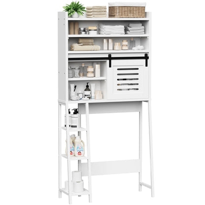 Walsunny Over the Toilet Storage Cabinet with Sliding Barn Door Side Shelves Bathroom Restroom Toilet Shelf Organizer Rack Space Saver Freestanding White