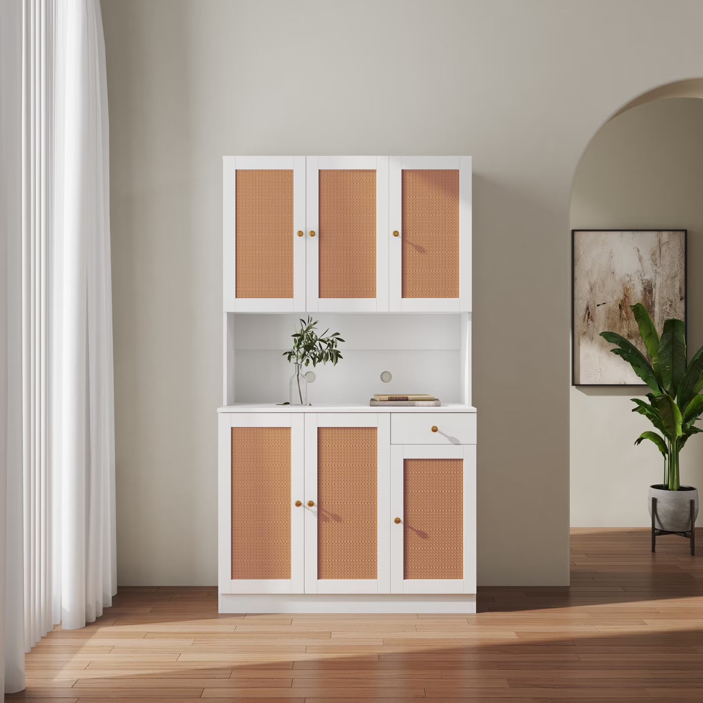 70.87" Tall Wardrobe & Kitchen Cabinet, Freestanding Storage Cabinets with 6 Doors, 1 Open Shelves and 1 Drawer, Versatile Floor Buffet Hutch Cupboard for Bedroom Bathroom Kitchen, Oak