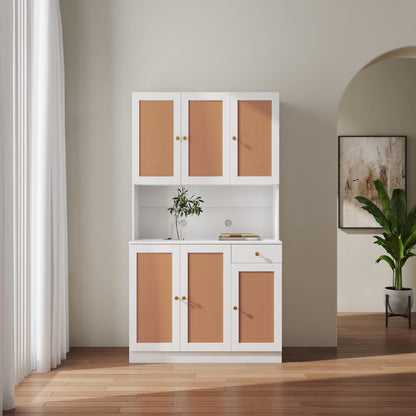 70.87" Tall Wardrobe & Kitchen Cabinet, Freestanding Storage Cabinets with 6 Doors, 1 Open Shelves and 1 Drawer, Versatile Floor Buffet Hutch Cupboard for Bedroom Bathroom Kitchen, Oak