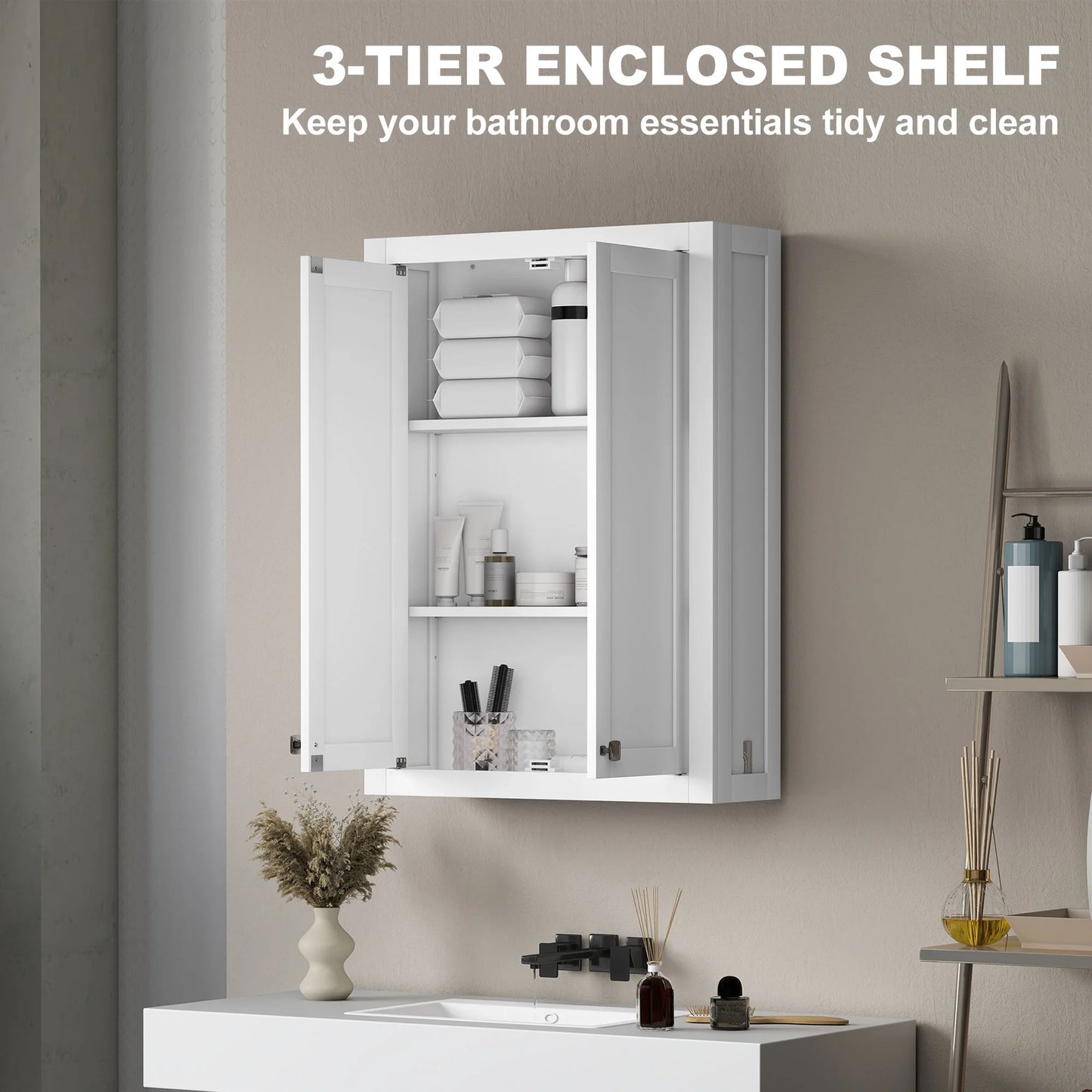 HOMCOM Bathroom Wall Cabinet, Modern Medicine Cabinet Wall Mounted, Over The Toilet Space Saver with 2 Doors and 2 Adjustable Shelves, White