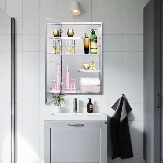 Fundin Stainless Steel Medicine Cabinet, Bathroom Mirror Cabinet, with unique half-shelves, Recess and Surface mount, 14.8 x 25.5 inch