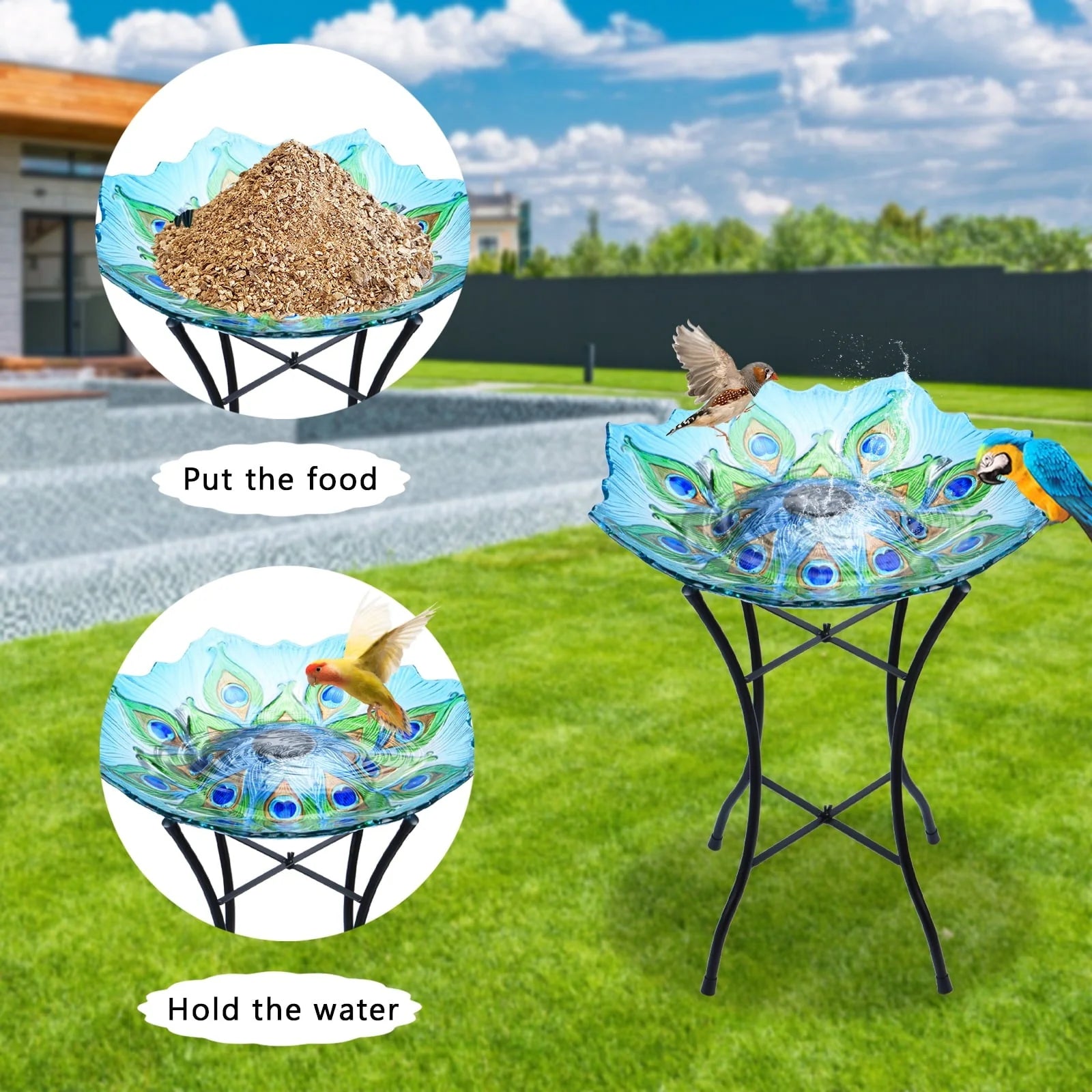 Outdoor Bird Bath with Metal Stand, 21.65" H Peacock Glass Birdbaths with Solar Light for Lawn Yard Garden Decor, 18" Dia