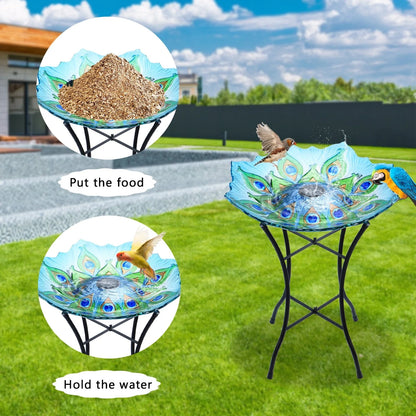 Outdoor Bird Bath with Metal Stand, 21.65" H Peacock Glass Birdbaths with Solar Light for Lawn Yard Garden Decor, 18" Dia