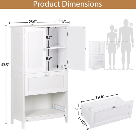 ZENSTYLE Freestanding MDF Bathroom Cabinet with 2 Drawers and Adjustable Shelf Extra Storage Space, White