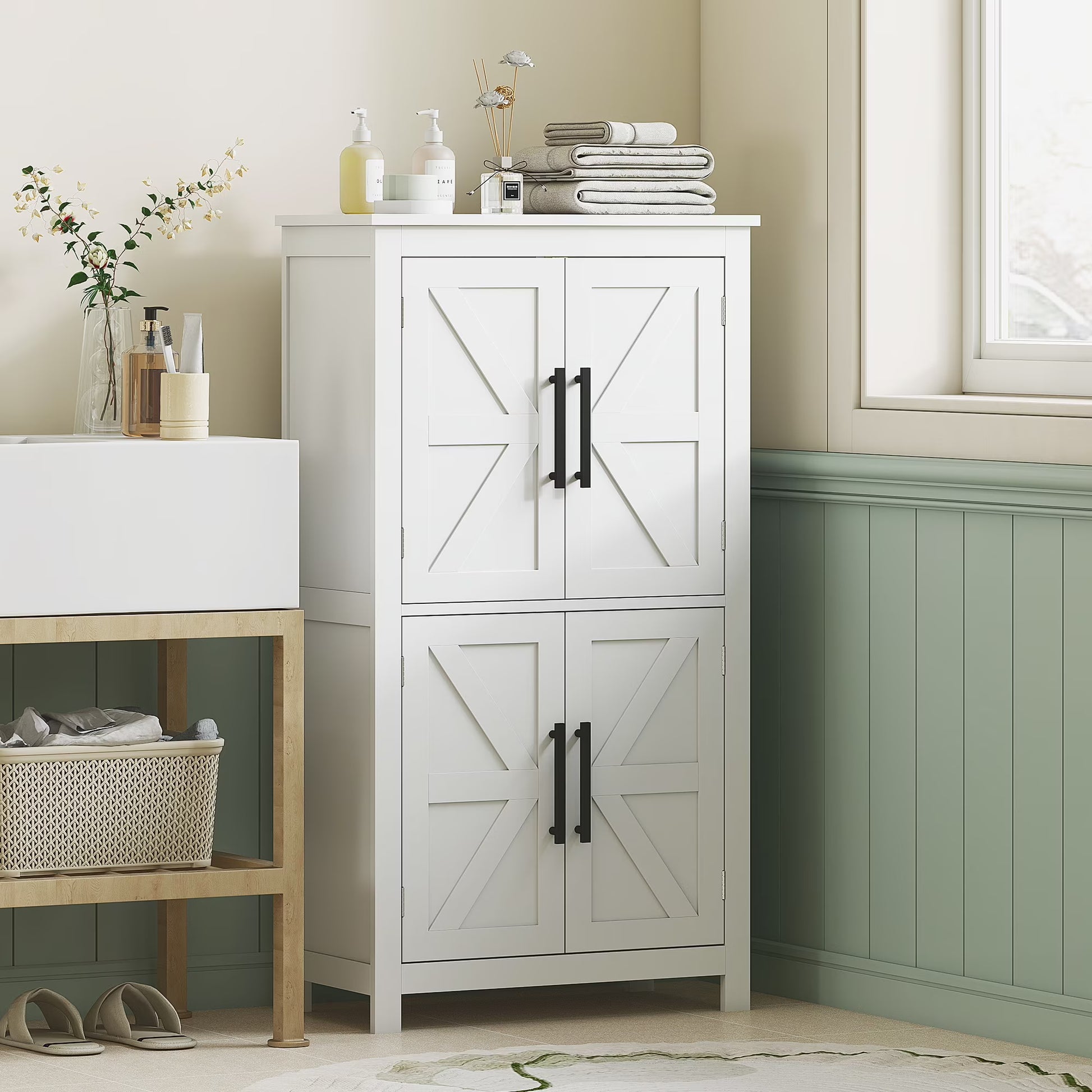HOMCOM Bathroom Floor Cabinet, Farmhouse Bathroom Cabinet with Barn Doors, Bathroom Storage Cabinet with Adjustable Shelf, White