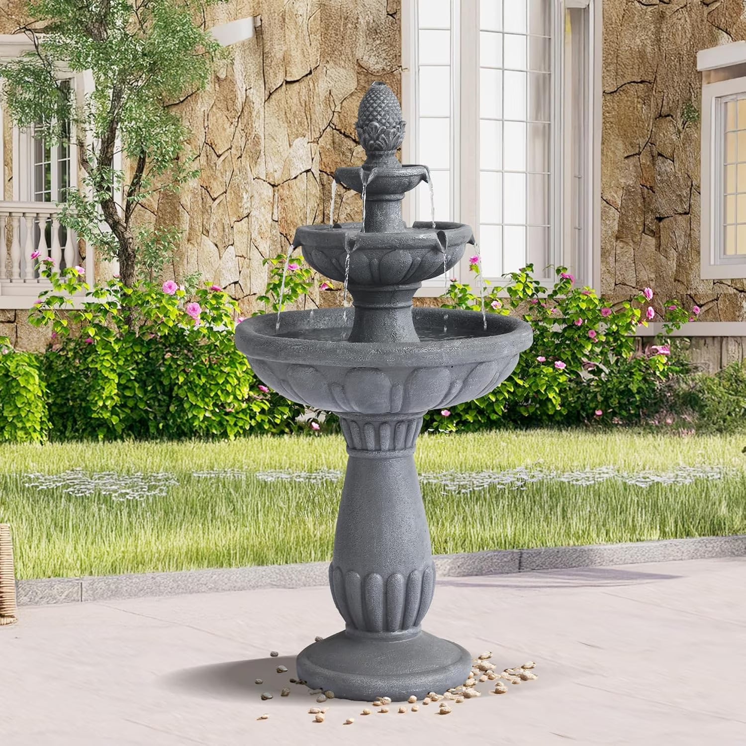 Haverchair 40.6" High Large Italian Outdoor Water Fountain, 3-Tier Standing Bubbler Waterfalls Fountain with Pineapple Top and Roman Pillar, Resin Garden Water Fountains for Bird Bath Patio Yard Deck