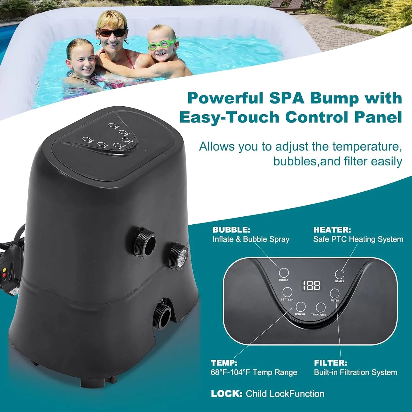 73" X 73" X 25" Inflatable Hot Tub for 4-6 Person Square, 240 Gallon Large Portable Hottub Spa with 130 Bubble Air Jets, Blow Up Spa Bathtub with LED Control Panel, 2 Filter, Temperature up to 104��F