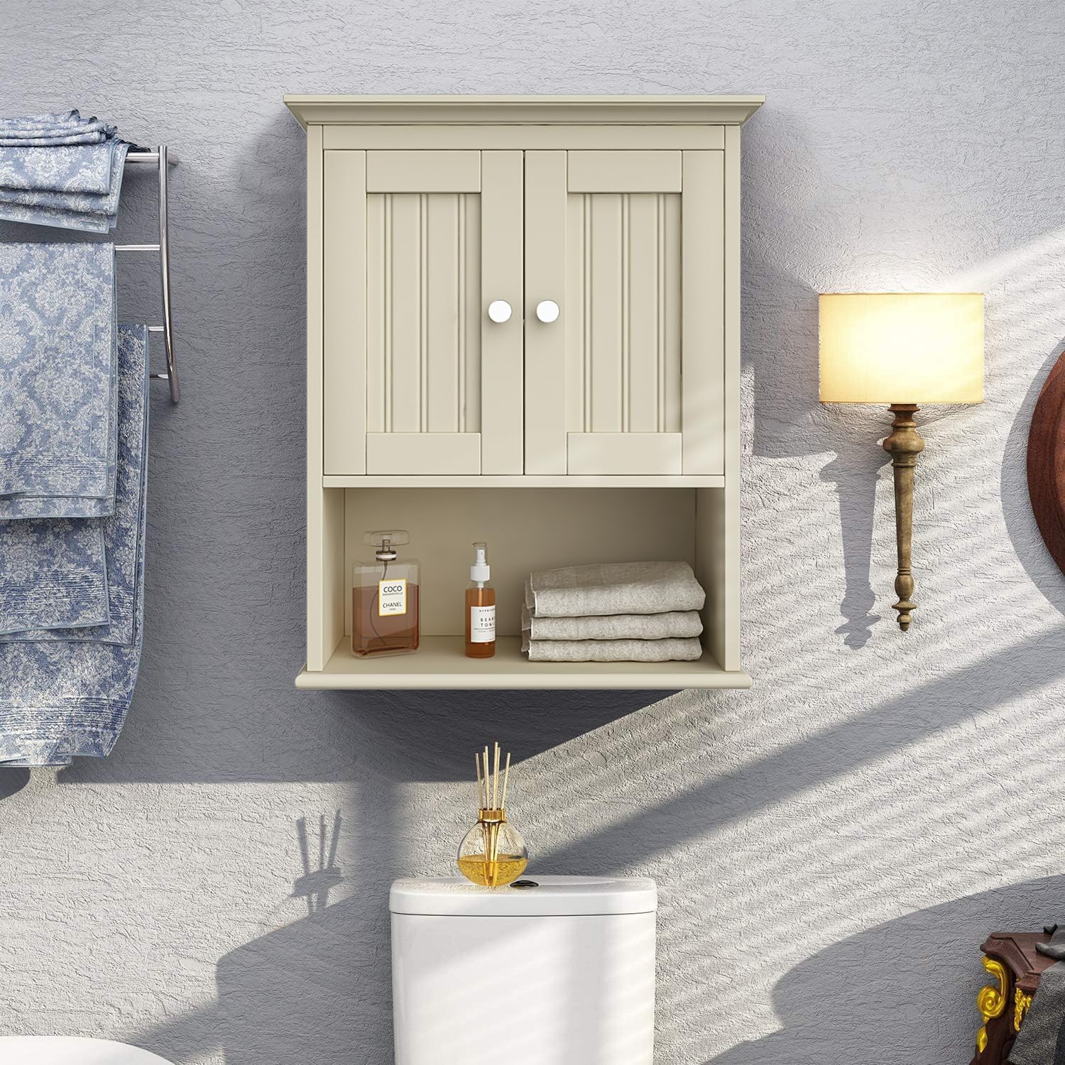 Wood Wall Cabinet, Bathroom Medicine Cabinet Storage with Doors and Adjustable Shelf, Rustic Cabinet Wall Mounted for Bathroom, Living Room, Kitchen, Yellow