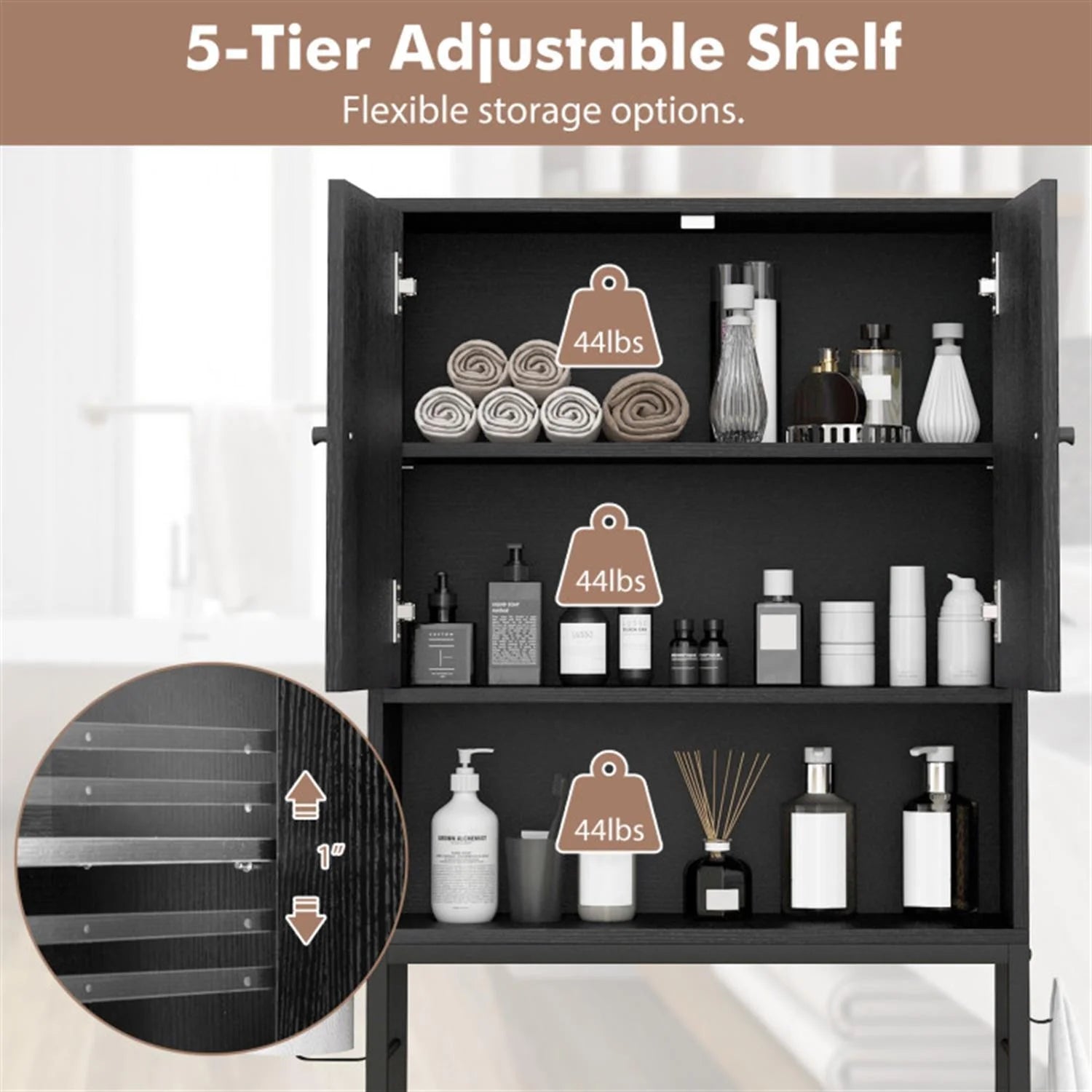 Finihen Over The Toilet Storage Cabinet, Storage Shelf, with 2 Doors and Adjustable Shelf, for Bathroom,Black