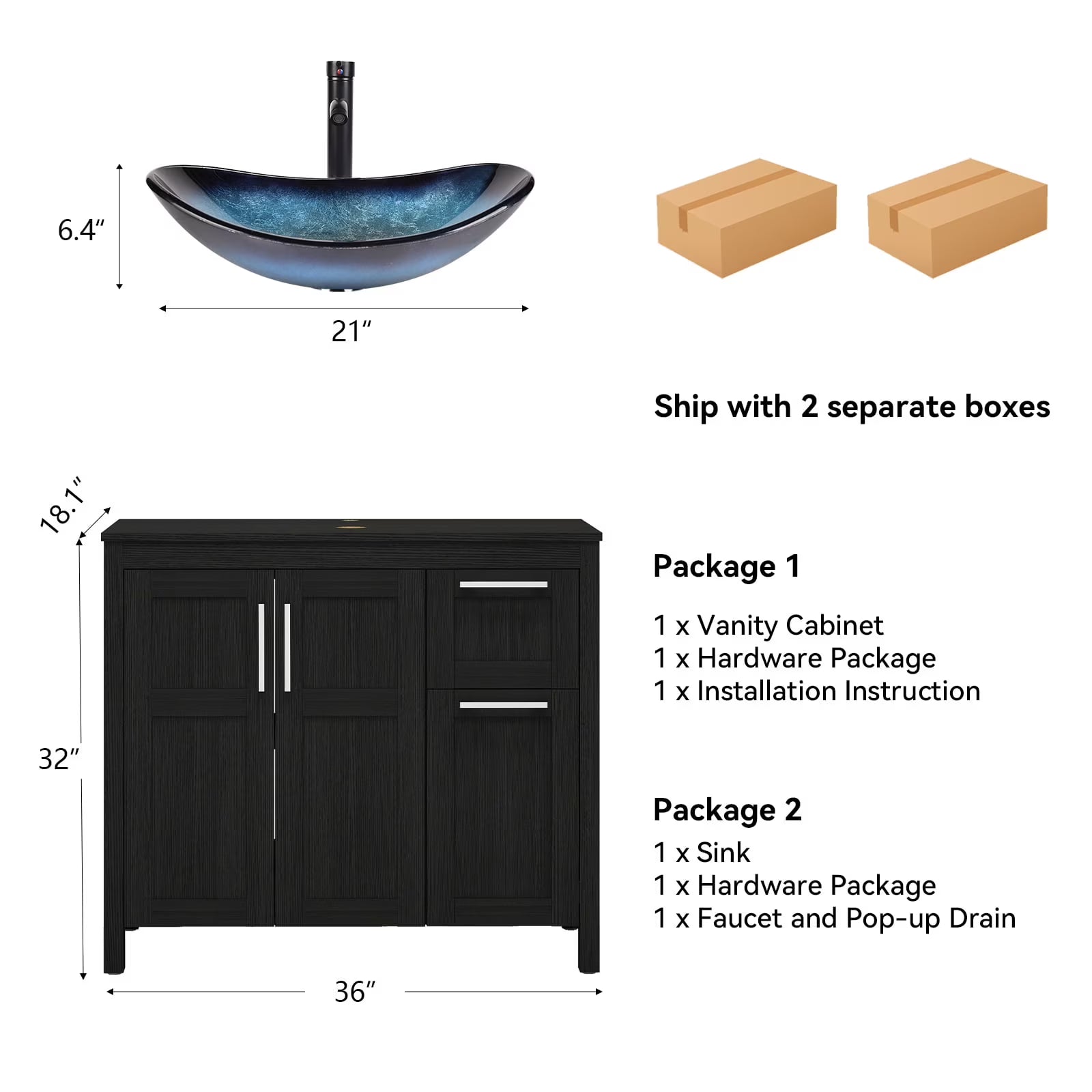 PULUOMIS 36 Inches Bathroom Vanity in Black Finish with Glass Boat-Shaped Vessel Sink, Single Bathroom Vanity with Top, 2-Door Cabinet and 2 Drawers