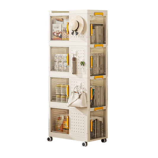 4-Tier Narrow Rolling Storage Cart with 8 Doors & Movable Wheels - Compact Bathroom & Kitchen Organizer for Small Spaces, Cream