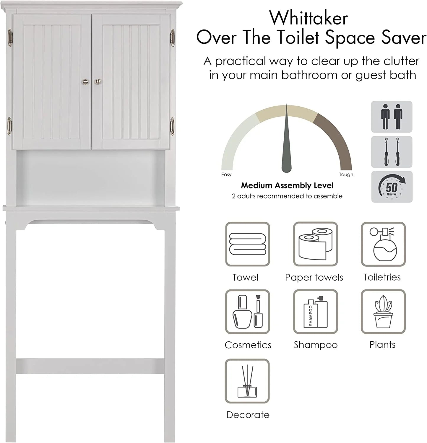 UTEX Bathroom Storage Over The Toilet, Bathroom Cabinet Organizer with Adjustable Shelves and Double Doors, Wood Bathroom Space Saver, White