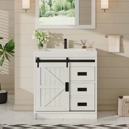 VANACC 31" Farmhouse Sliding Barn Door Bathroom Vanity with Sink Combo, Bathroom Cabinet with Drawers & Metal Handles, Freestanding, Distressed White
