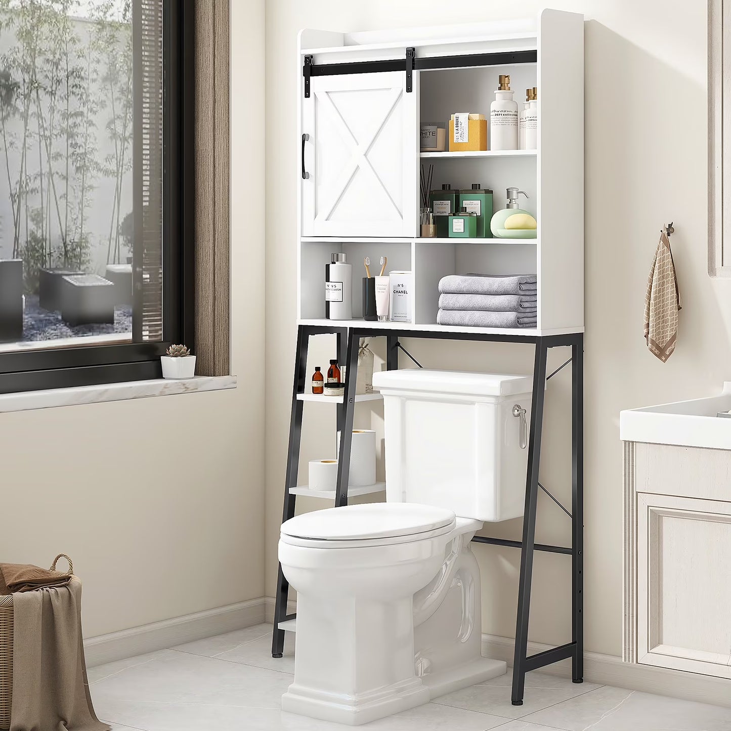 Vabches Over The Toilet Storage Cabinet with Sliding Door and Integrated Toilet Paper Holder, Ideal for Bathrooms, Restrooms, and Laundry Rooms.