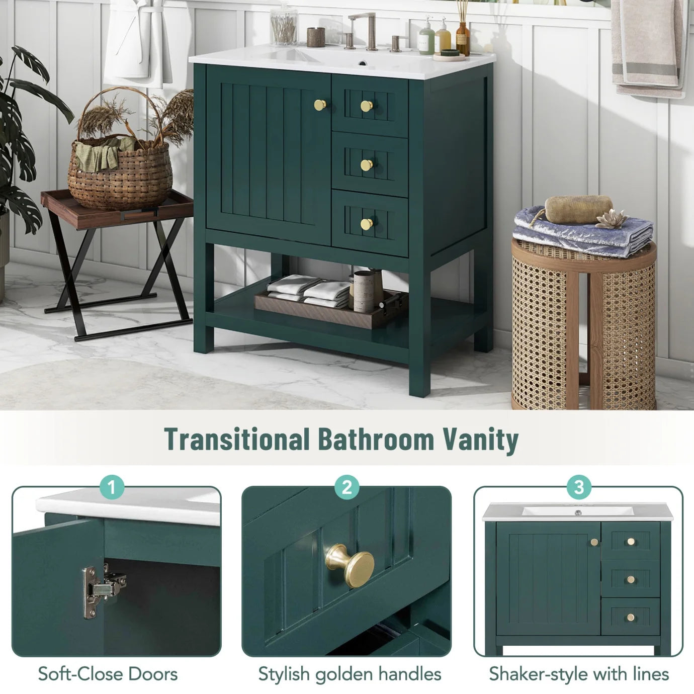30" Transitional Green Bathroom Vanity with Sink Combo, Solid Wood Storage Cabinet featuring Soft Close Doors & 2 Drawers, Open Shelf, Waterproof Design & Easy Assembly for Modern Bathrooms