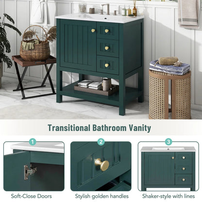 30" Transitional Green Bathroom Vanity with Sink Combo, Solid Wood Storage Cabinet featuring Soft Close Doors & 2 Drawers, Open Shelf, Waterproof Design & Easy Assembly for Modern Bathrooms