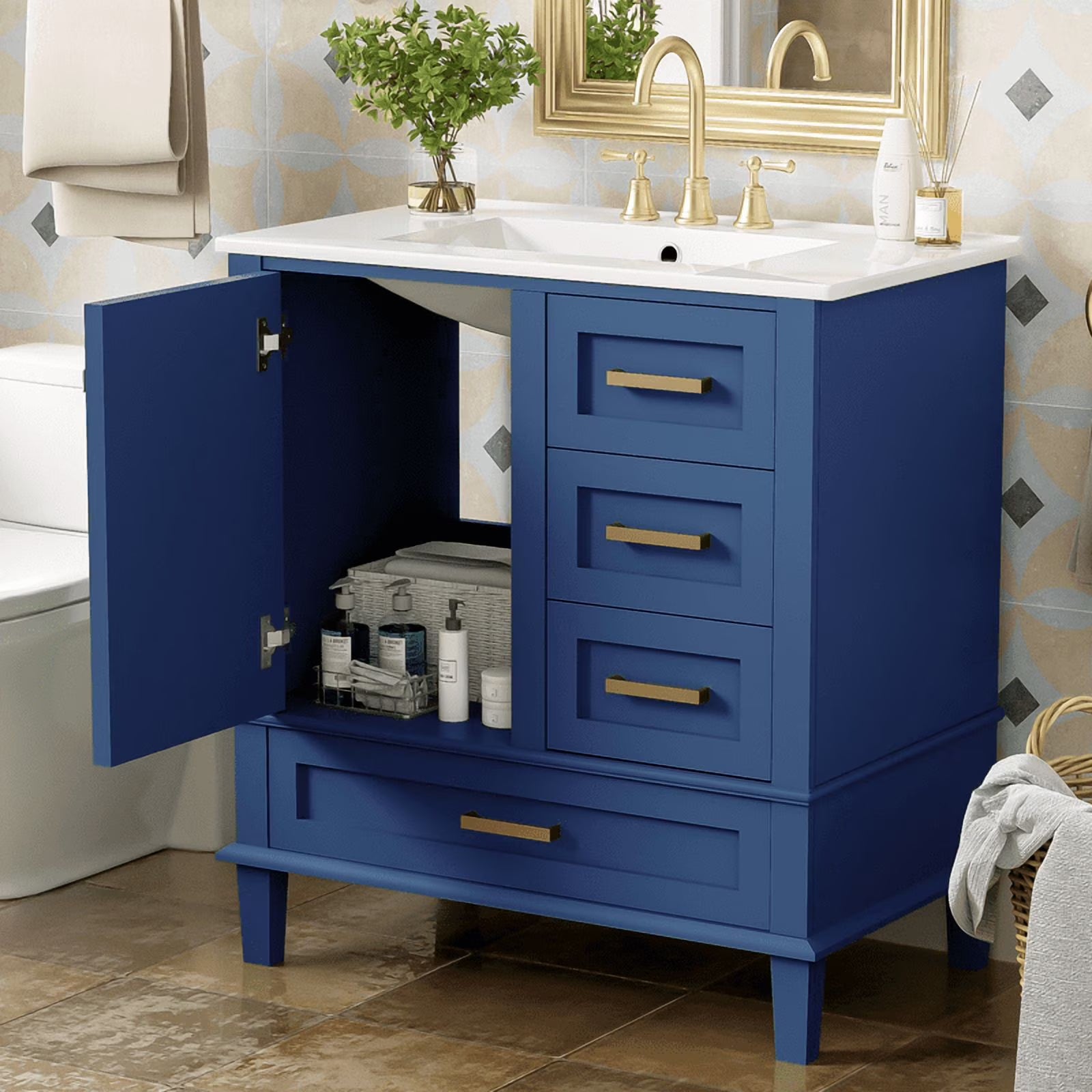 Bellemave 30" Bathroom Vanity with Sink, Cabinet with Sink Combo Set with Top, Bathroom Storage Cabinet with 3 Drawers and 1 Soft Closing Door, 30 Inch Vanity with Sink for Bathroom（White）