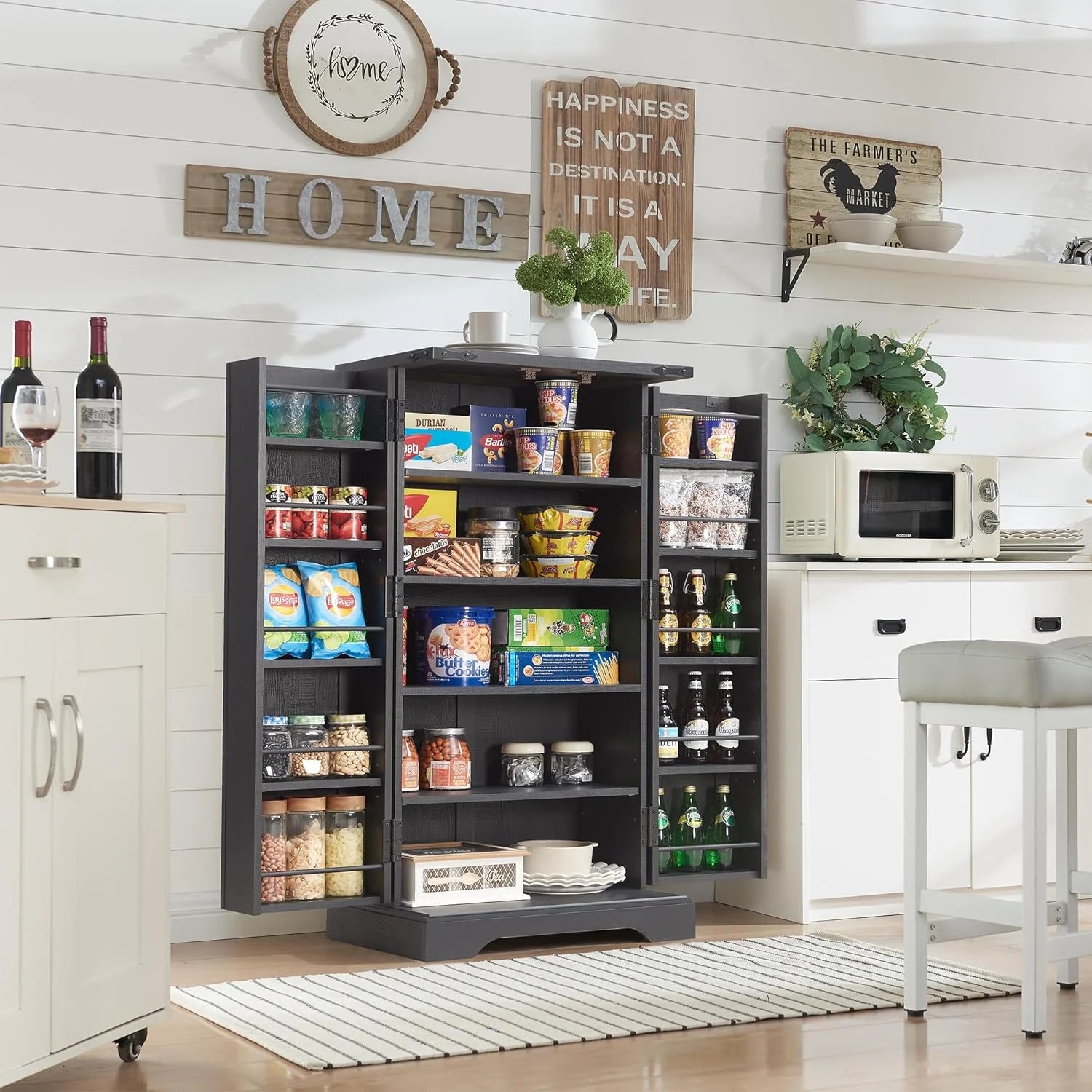 47" Kitchen Pantry, Farmhouse Storage Cabinet with Barn Doors, Organizer and Adjustable Shelves, Rustic Wood Cupboard for Kitchen, Dining Room, Bathroom and Hallway, Black