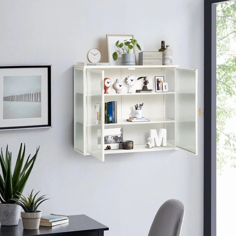 Hassch Wall Mounted Kitchen Pantry Sideboard with 2 Glass Doors, Metal Storage Cabinet Dining Cupboard for Bathroom Kitchen Living Room Dining Room, 27.56"L x 9.06"W x 23.62"H, White