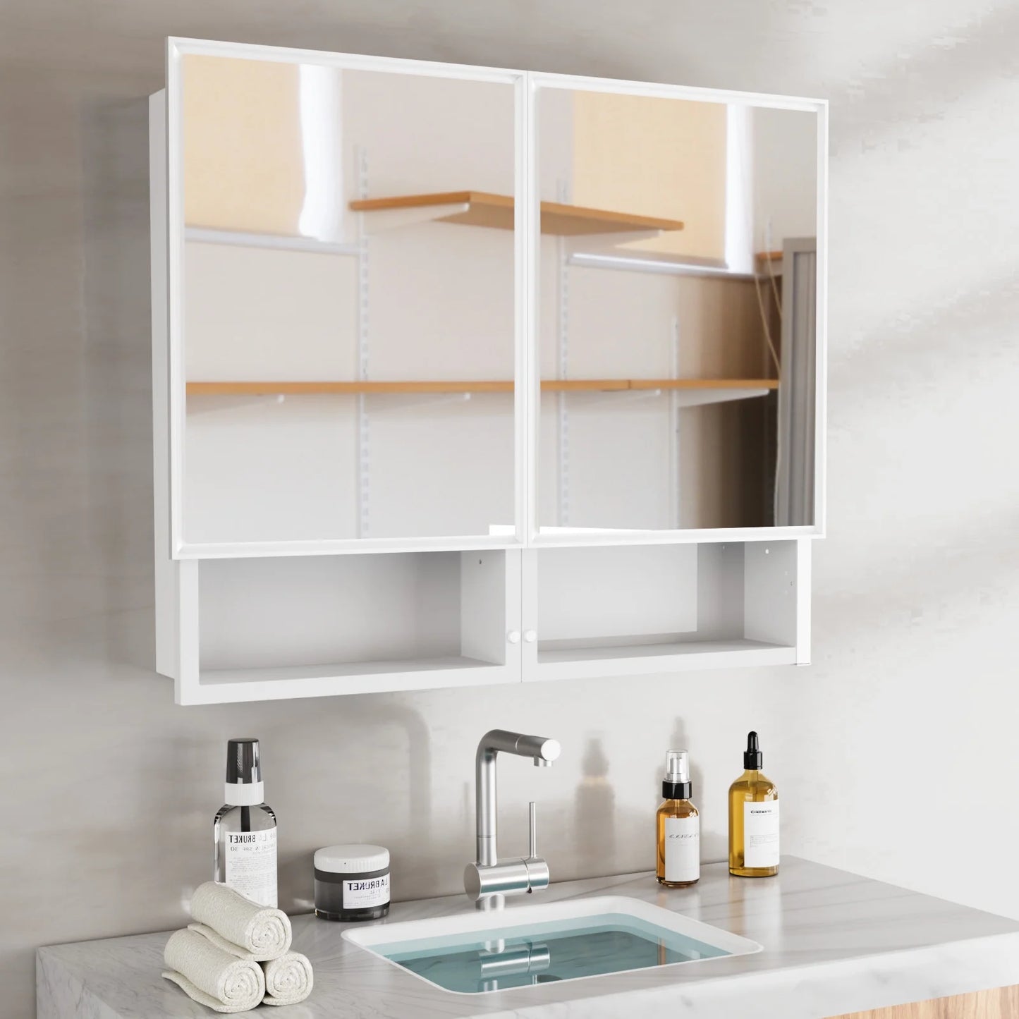 FUMANGO 32x26 Mirror Cabinet, Simple&Beautiful, Large Storage Space, Matte White for Bathroom Vanity