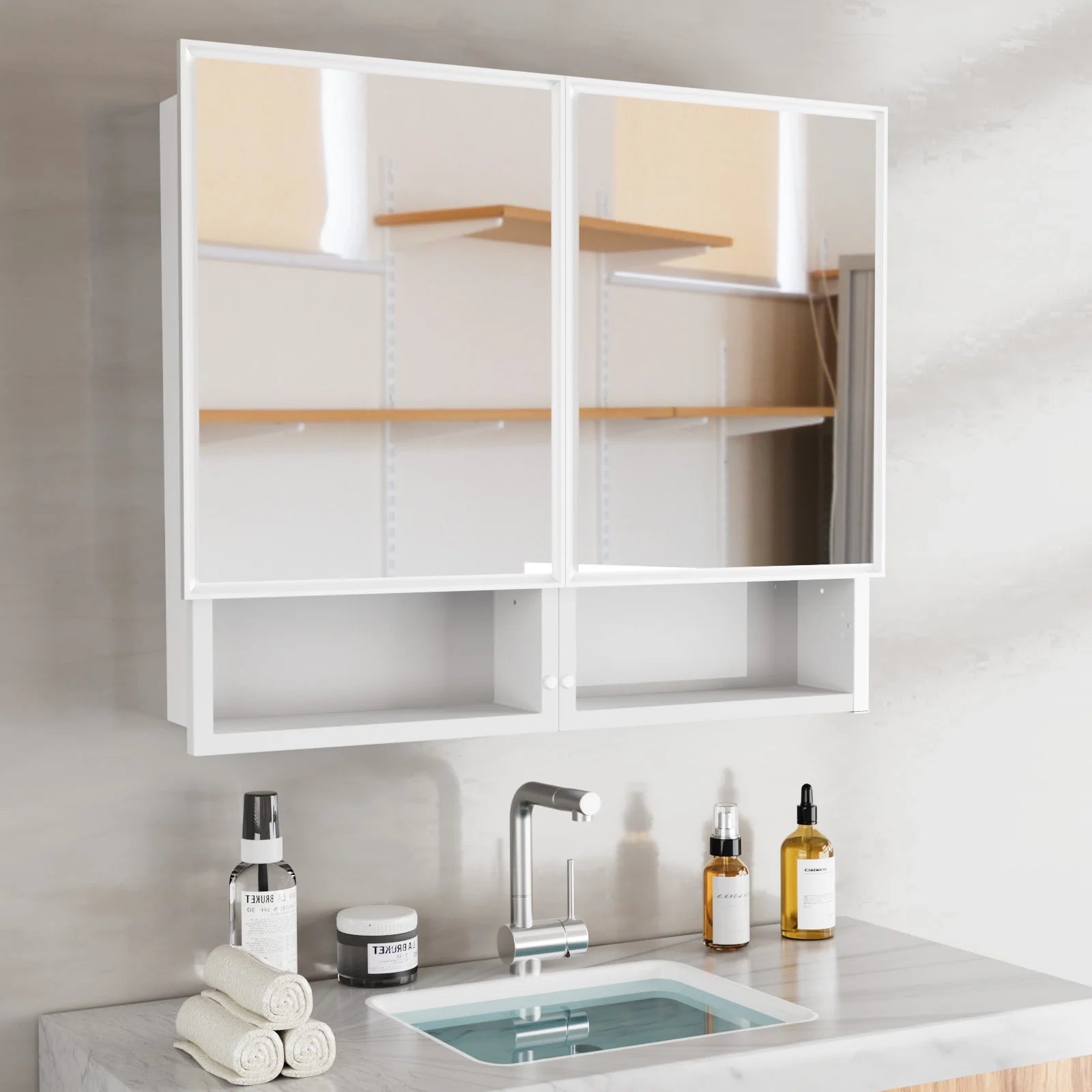 FUMANGO 32x26 Mirror Cabinet, Simple&Beautiful, Large Storage Space, Matte White for Bathroom Vanity