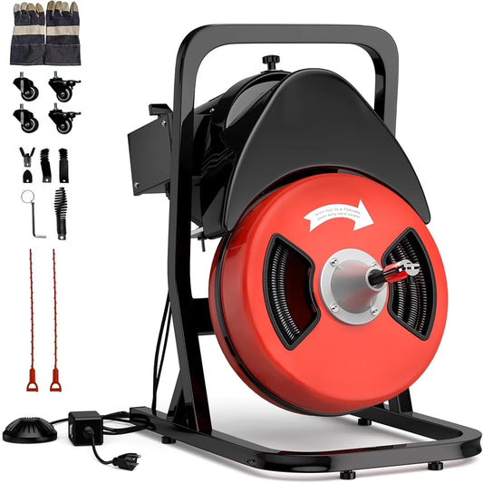 50FTx1/2 Inch Drain Cleaner Machine, Sewer Snake Electric Drain for 2" to 4" Pipes, Plumbing Snake Auger Cleaner with Wheels & 4 Cutter & Foot Switch for Sewer, Sink, Toilet, Bathroom and Shower