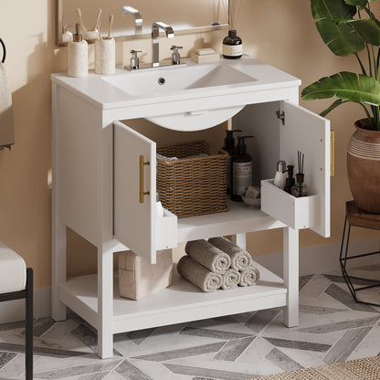 30-Inch White Bathroom Vanity with Ceramic Sink and Versatile Storage - Ideal for Small Bathrooms, White